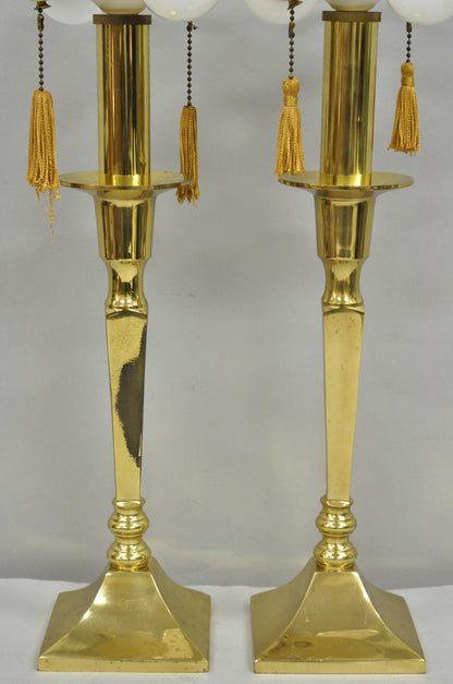 Hollywood Regency Tommi Parzinger Style Brass Candlestick Table Lamp Pair