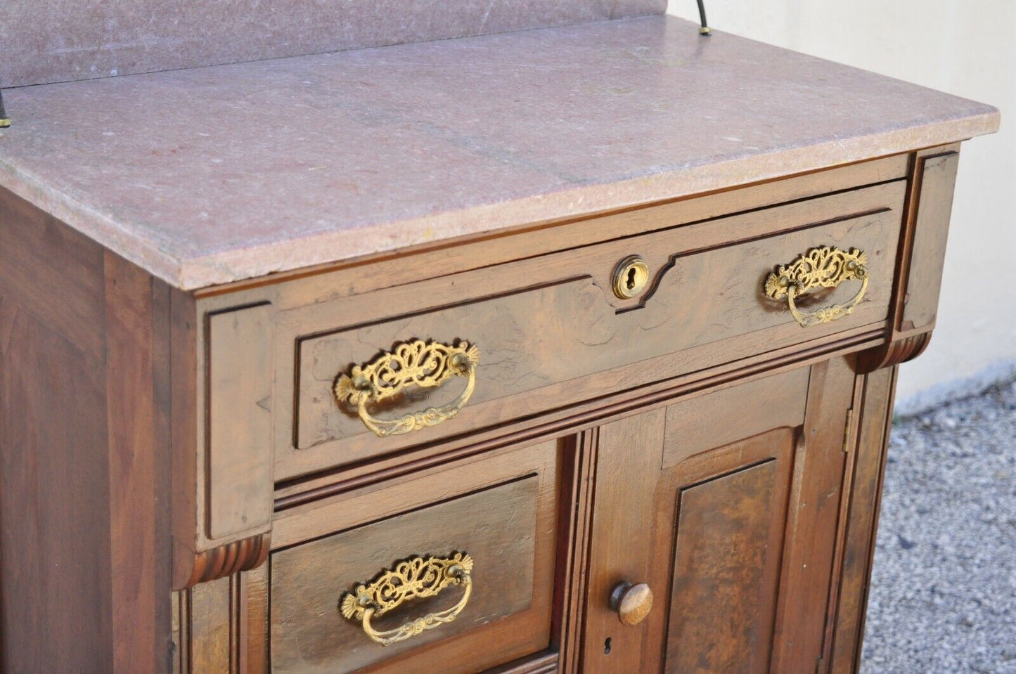 Antique Eastlake Victorian Walnut Washstand Commode with Marble Top Backsplash