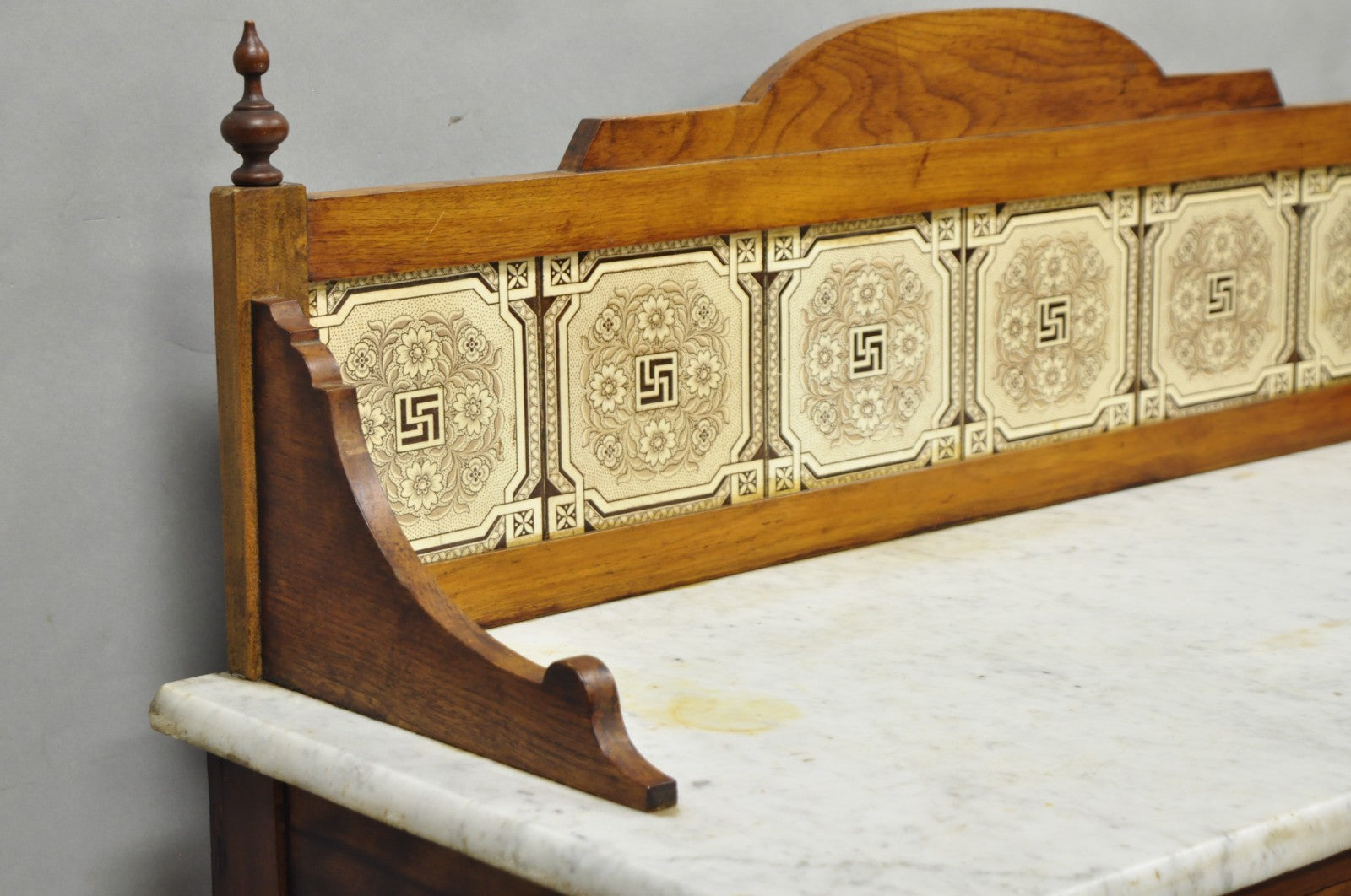 Antique Victorian Walnut Marble Top Washstand Good Luck Swastika Tile Backsplash