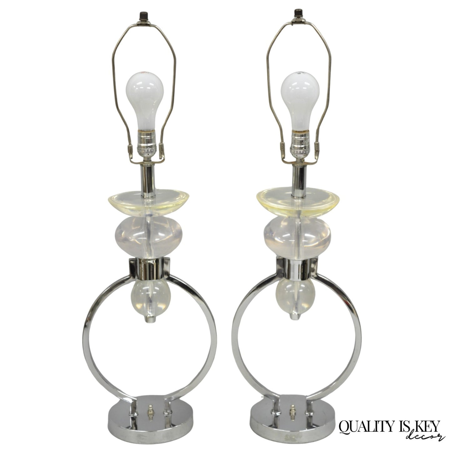Vintage Postmodern MCM Hivo Van Teal Sculptural Lucite & Chrome Table Lamps Pair