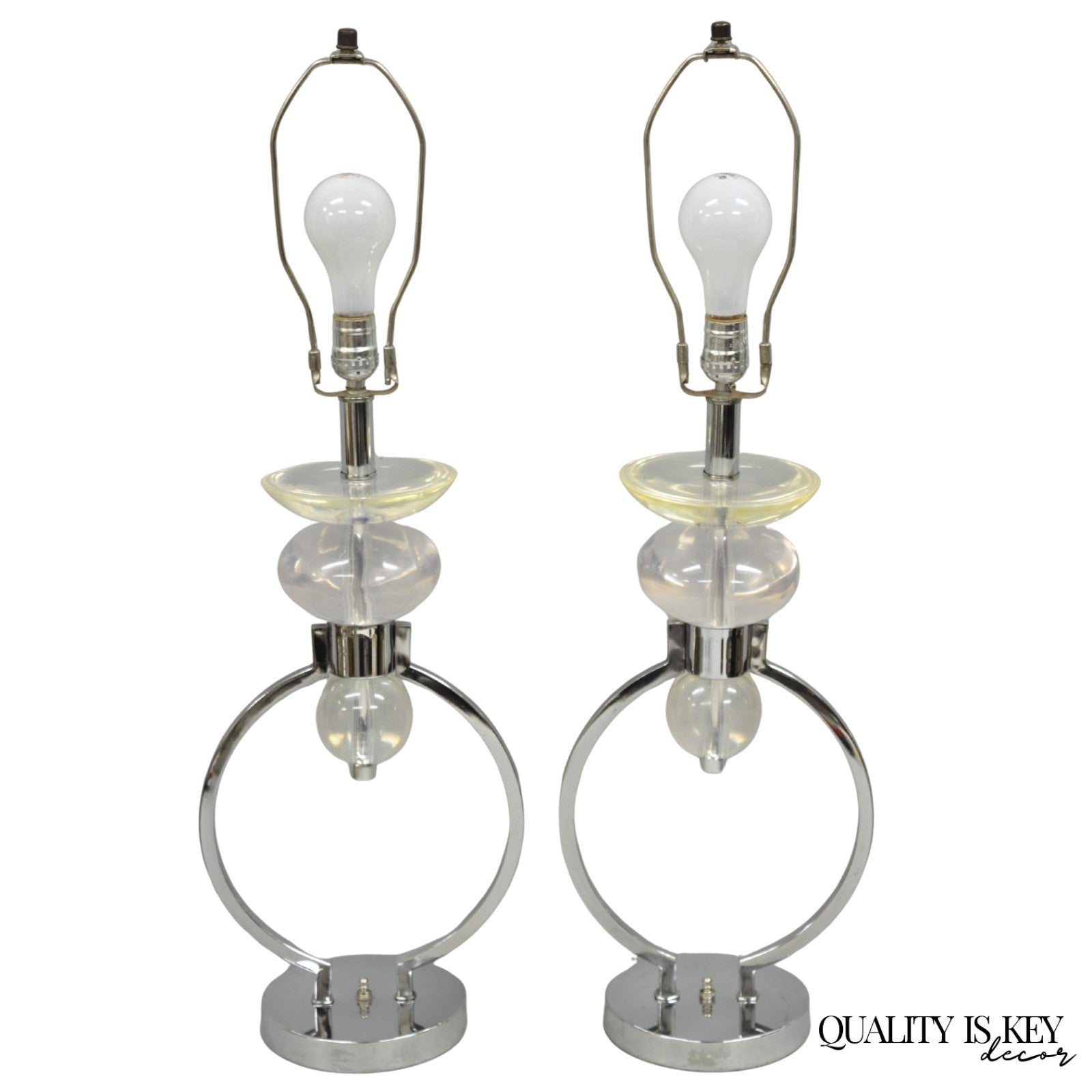Vintage Postmodern MCM Hivo Van Teal Sculptural Lucite & Chrome Table Lamps Pair