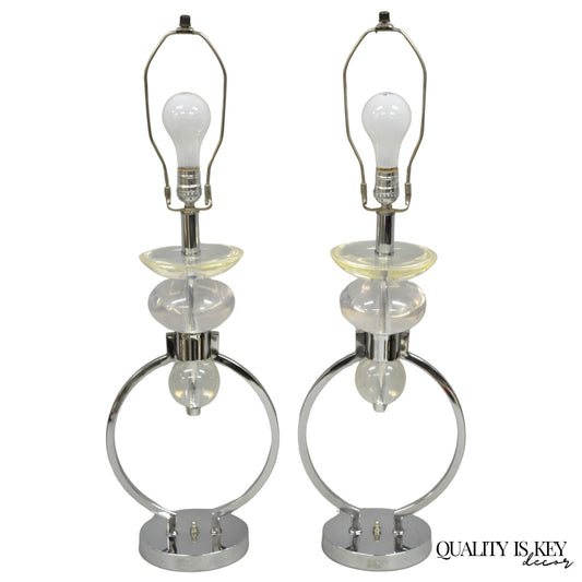 Vintage Postmodern MCM Hivo Van Teal Sculptural Lucite & Chrome Table Lamps Pair