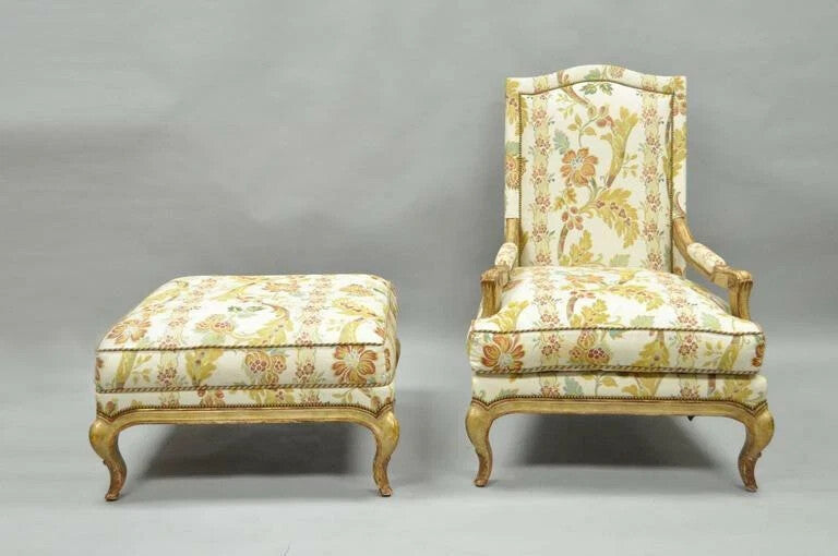 Nancy Corzine French Country Provincial Louis XV Bergere Lounge Chair & Ottoman