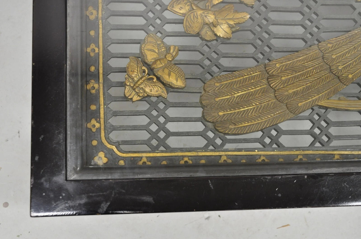 Vintage Chinese Relief Carved Ho ho Bird Glass Top Display Oriental Coffee Table