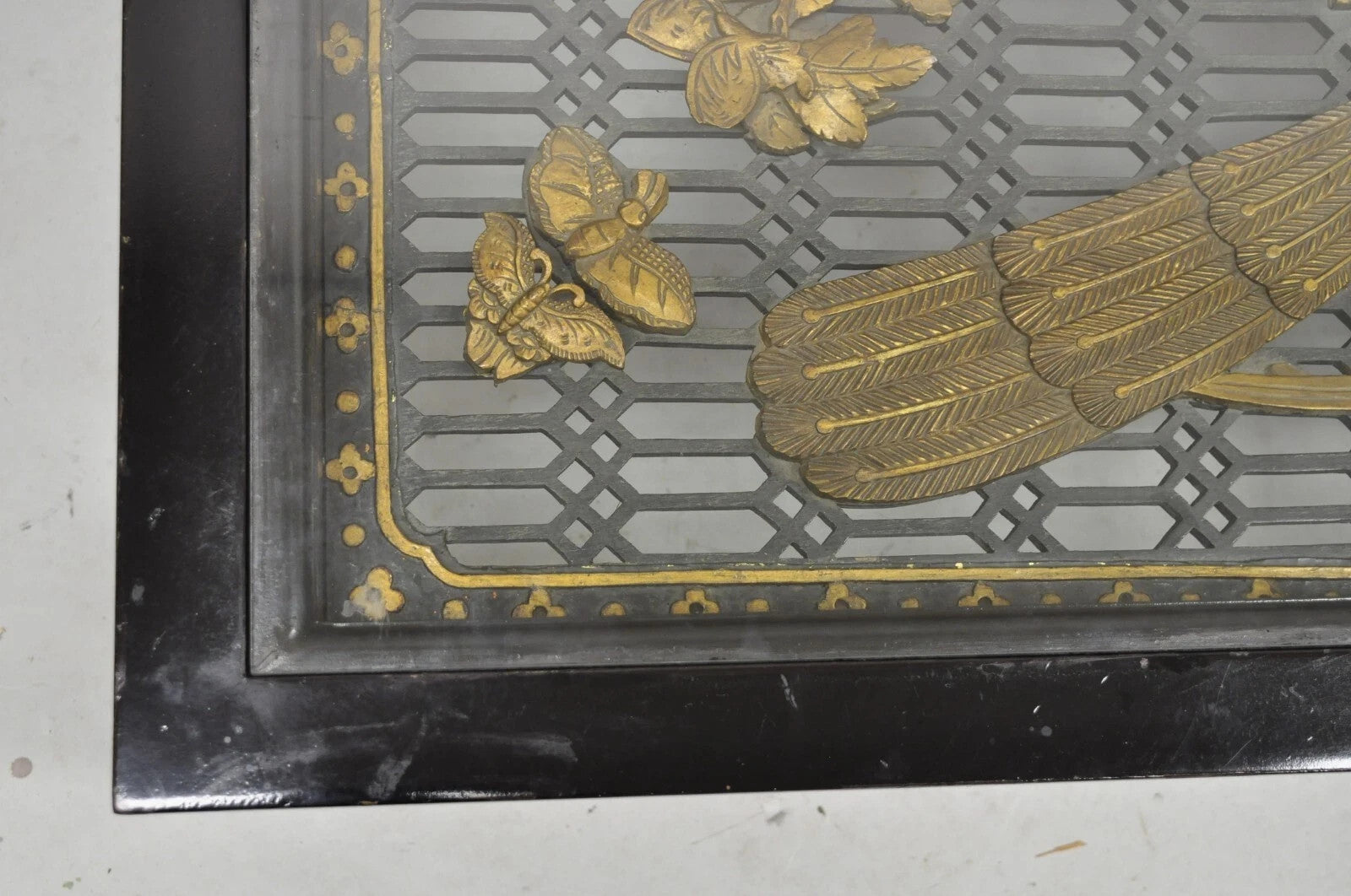 Vintage Chinese Relief Carved Ho ho Bird Glass Top Display Oriental Coffee Table