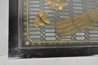 Vintage Chinese Relief Carved Ho ho Bird Glass Top Display Oriental Coffee Table