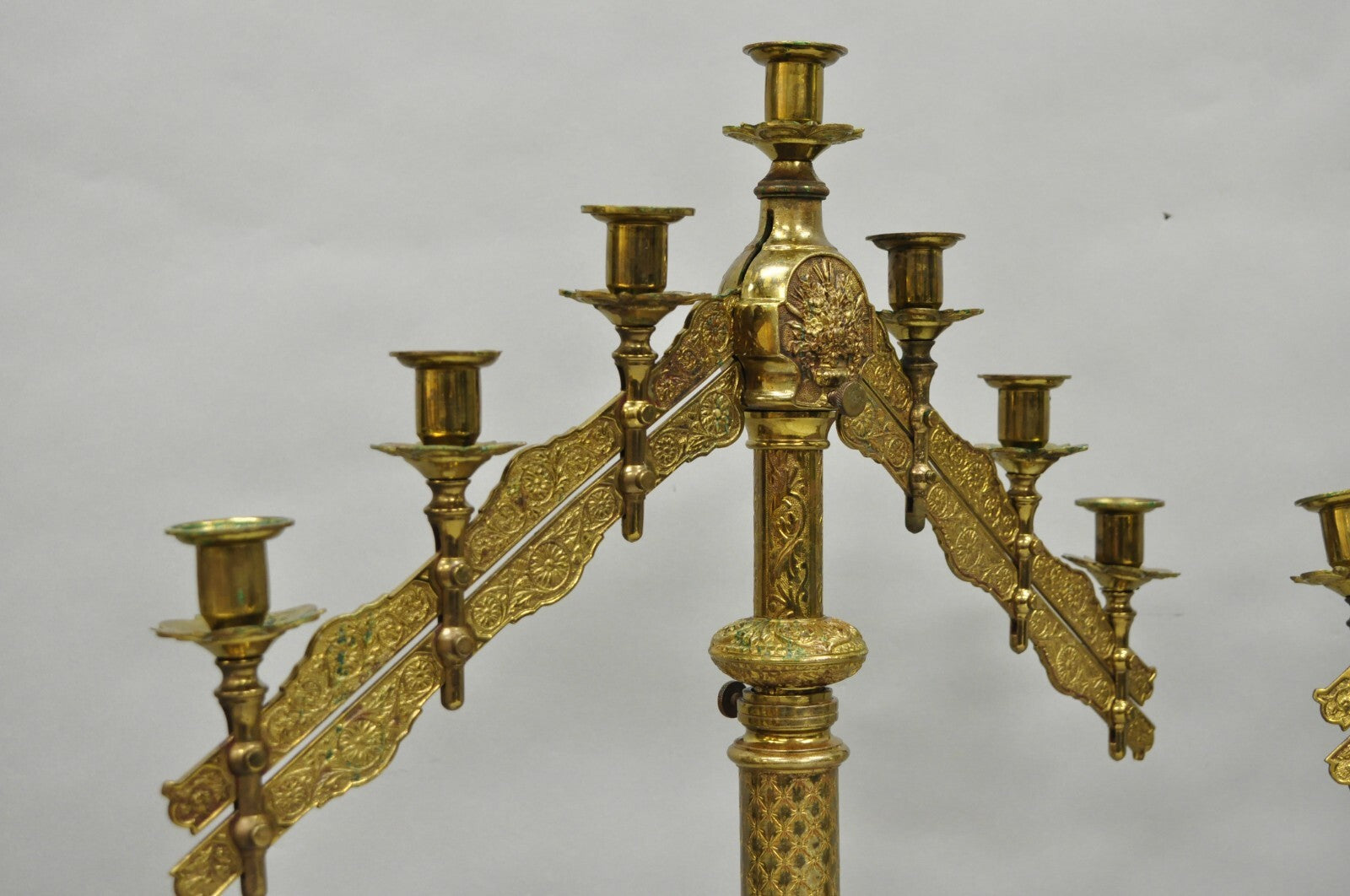 Antique French Renaissance Gothic Bronze 7 Arm Adjustable Candelabras - a Pair