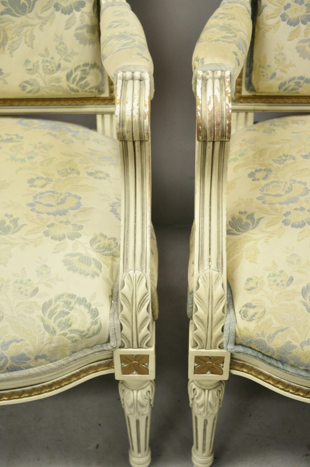 Vintage French Louis XVI Style Cream Painted Gold Gilt Lounge Arm Chairs - Pair