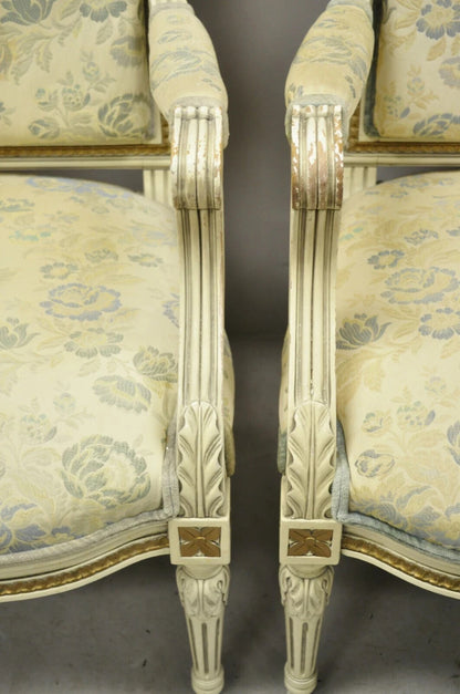 Vintage French Louis XVI Style Cream Painted Gold Gilt Lounge Arm Chairs - Pair