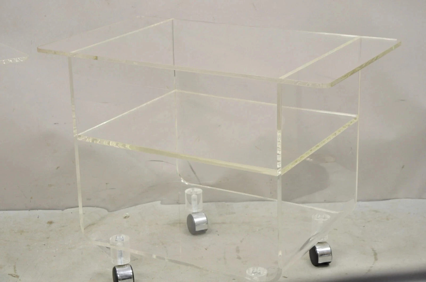 Vintage Clear Lucite Acrylic Mid Century Modern Rolling Side Tables - a Pair