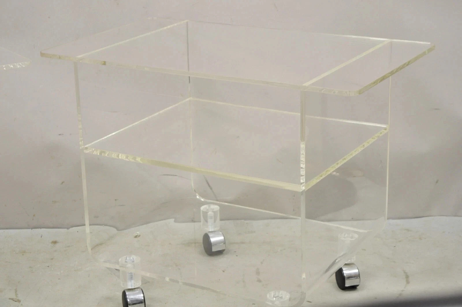 Vintage Clear Lucite Acrylic Mid Century Modern Rolling Side Tables - a Pair