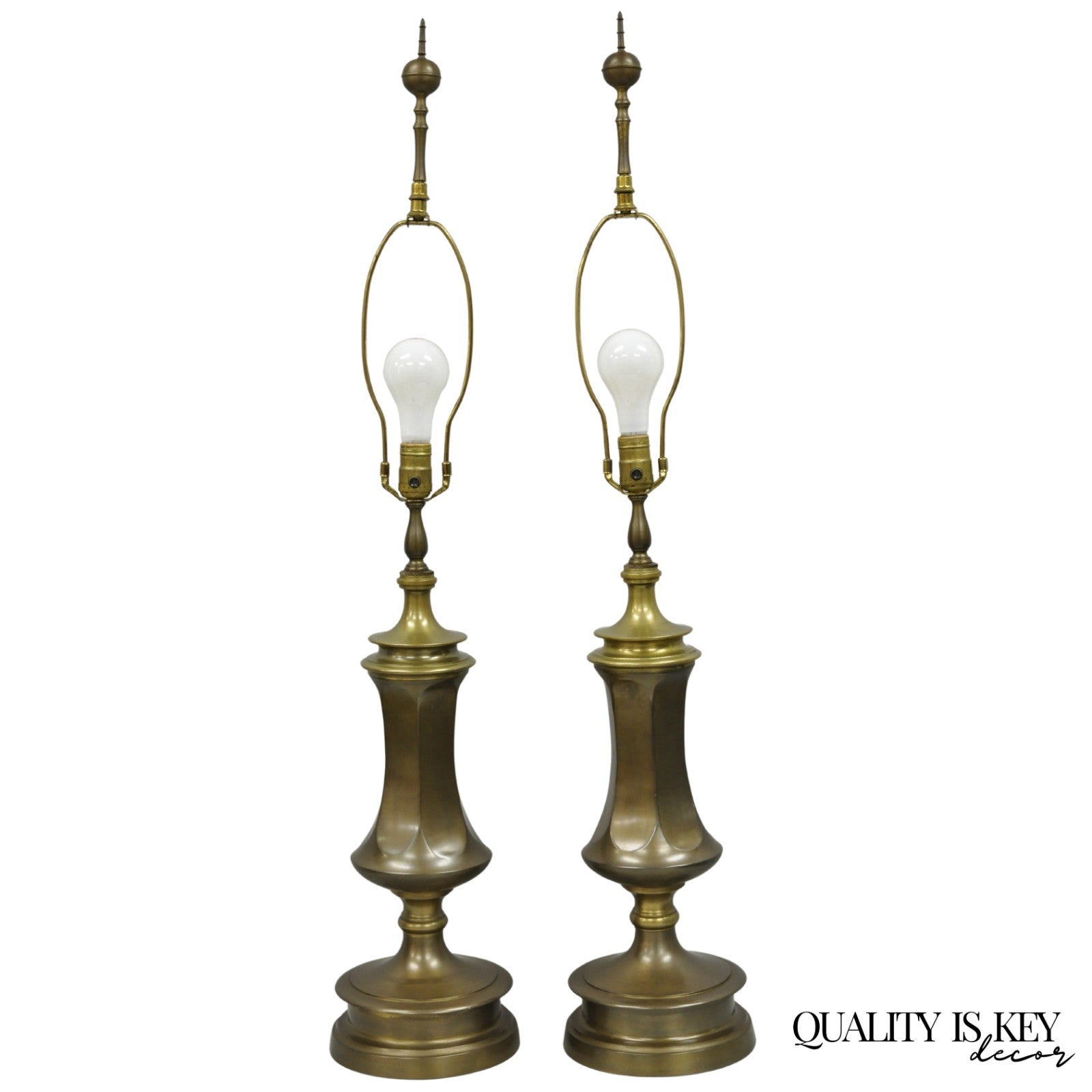 Vintage French Empire Patinated Bronze Brass Column Table Lamps by Wildwood Pair