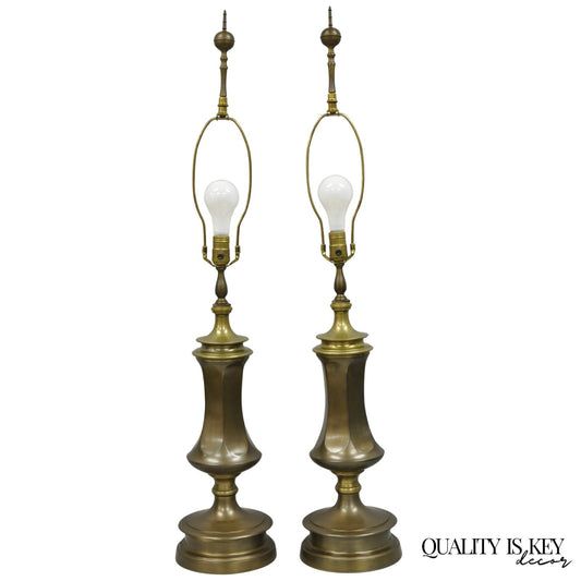 Vintage French Empire Patinated Bronze Brass Column Table Lamps by Wildwood Pair