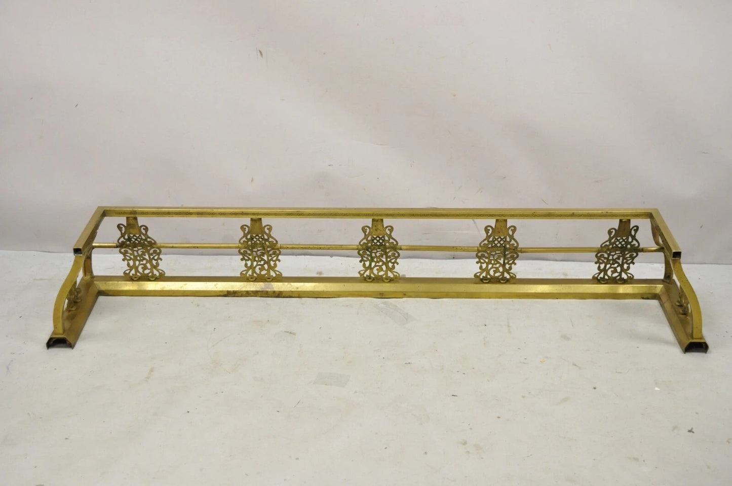 Antique Victorian Brass Scroll Accented 58" Fireplace Hearth Fender Surround