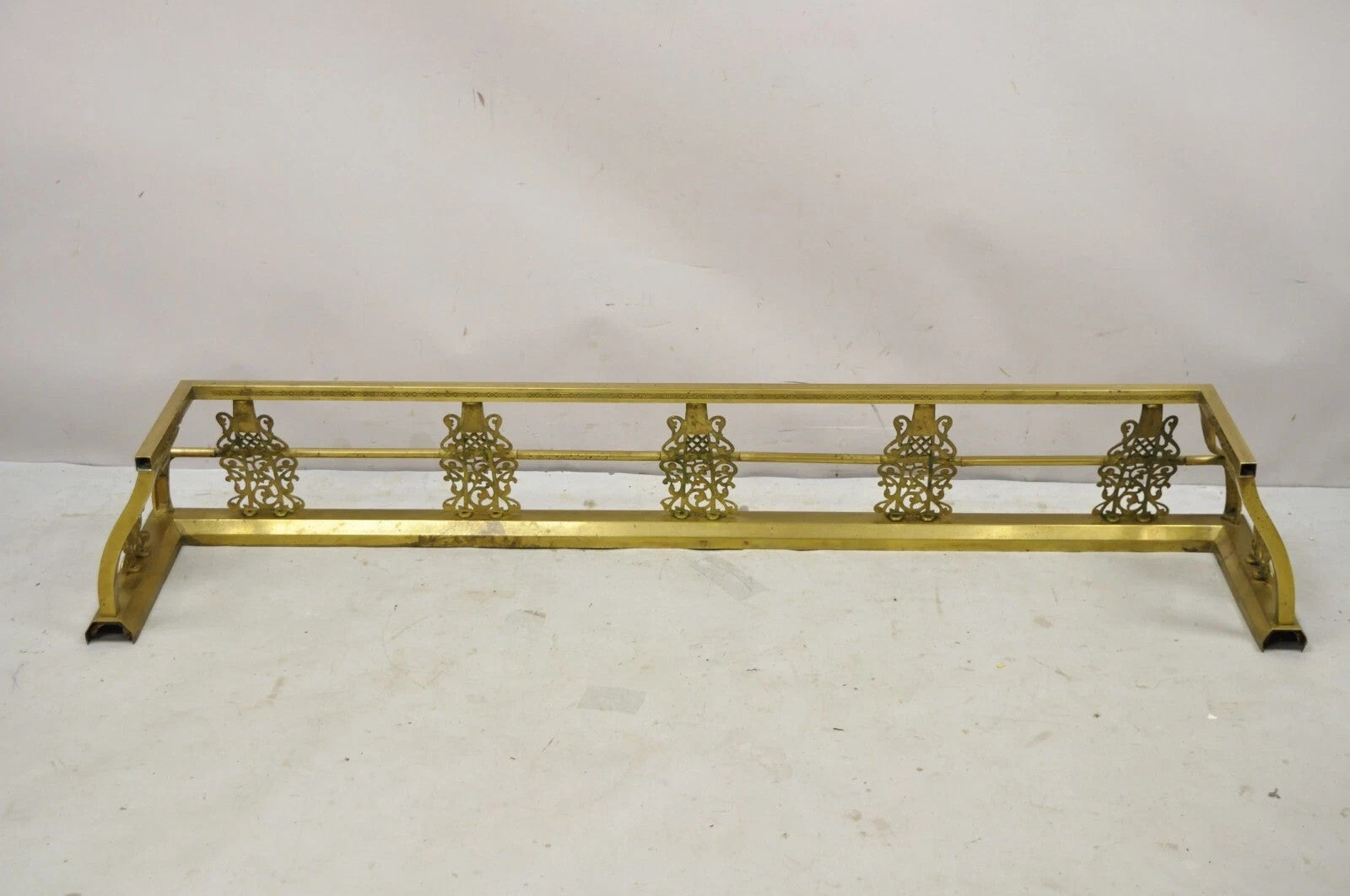 Antique Victorian Brass Scroll Accented 58" Fireplace Hearth Fender Surround
