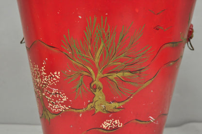 Italian Chinoiserie Hand Painted Oriental Red Tole Metal Wastebasket Trashcan