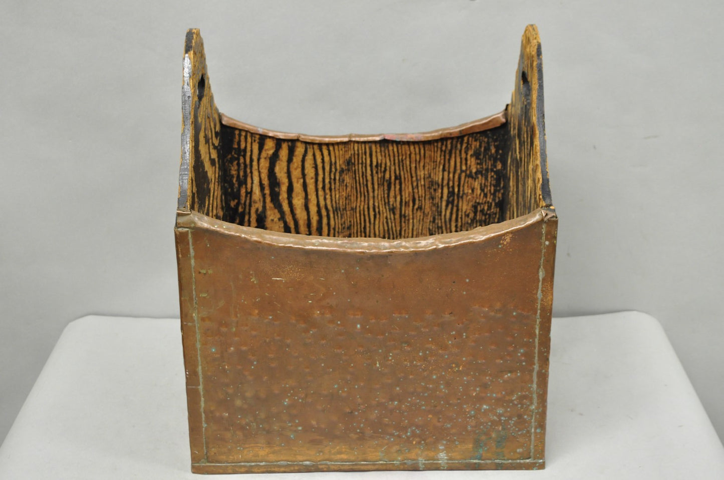 Antique French Country Primitive Copper & Wood Black Grain Painted Grain Bin