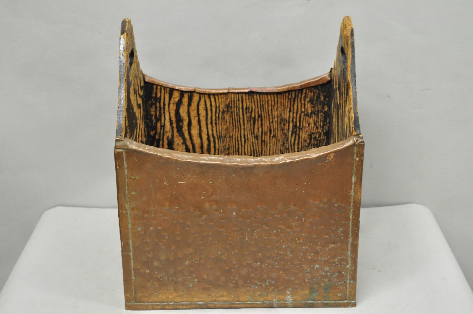 Antique French Country Primitive Copper & Wood Black Grain Painted Grain Bin