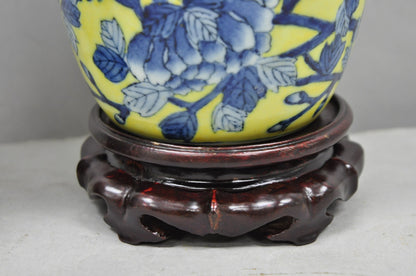 Vintage Chinoiserie Chinese Blue & Yellow Flower Small Porcelain Table Lamp Pair