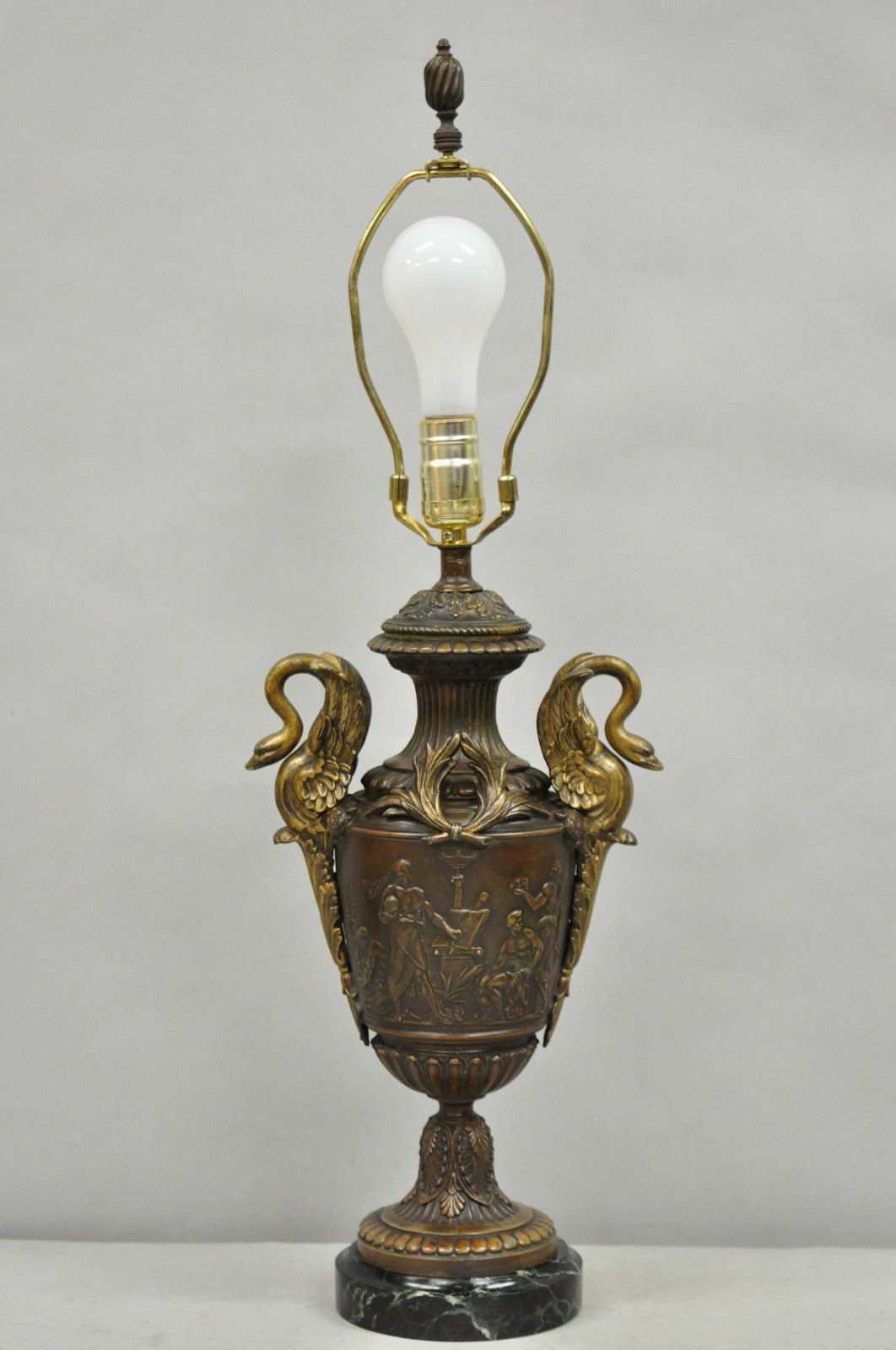 Antique French Neoclassical Style Bronze Figural Swans Table Lamp Signed Picault