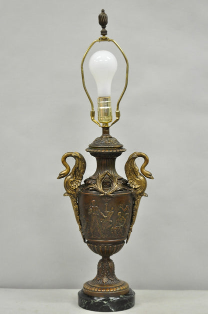 Antique French Neoclassical Style Bronze Figural Swans Table Lamp Signed Picault