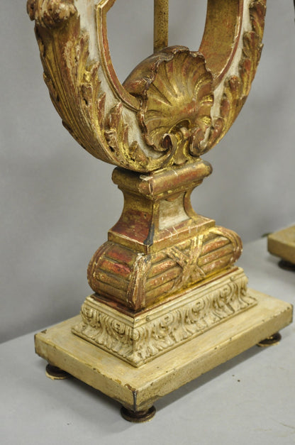 Italian Neoclassical Cream & Gold Gilt Carved Wood Harp Column Table Lamp - Pair