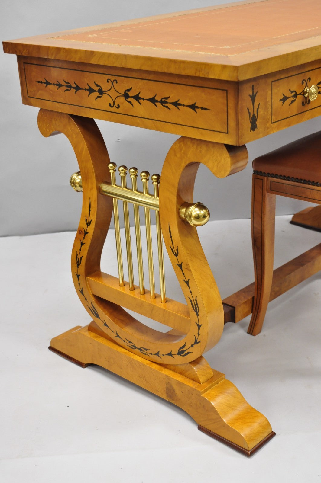 Vintage Italian Regency Lyre Harp Burlwood Desk & Chair by Binda Collection