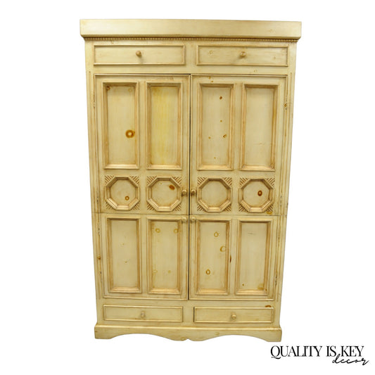 French Country Provincial Distressed Knotty Pine Wood 2 Part Cupboard Cabinet