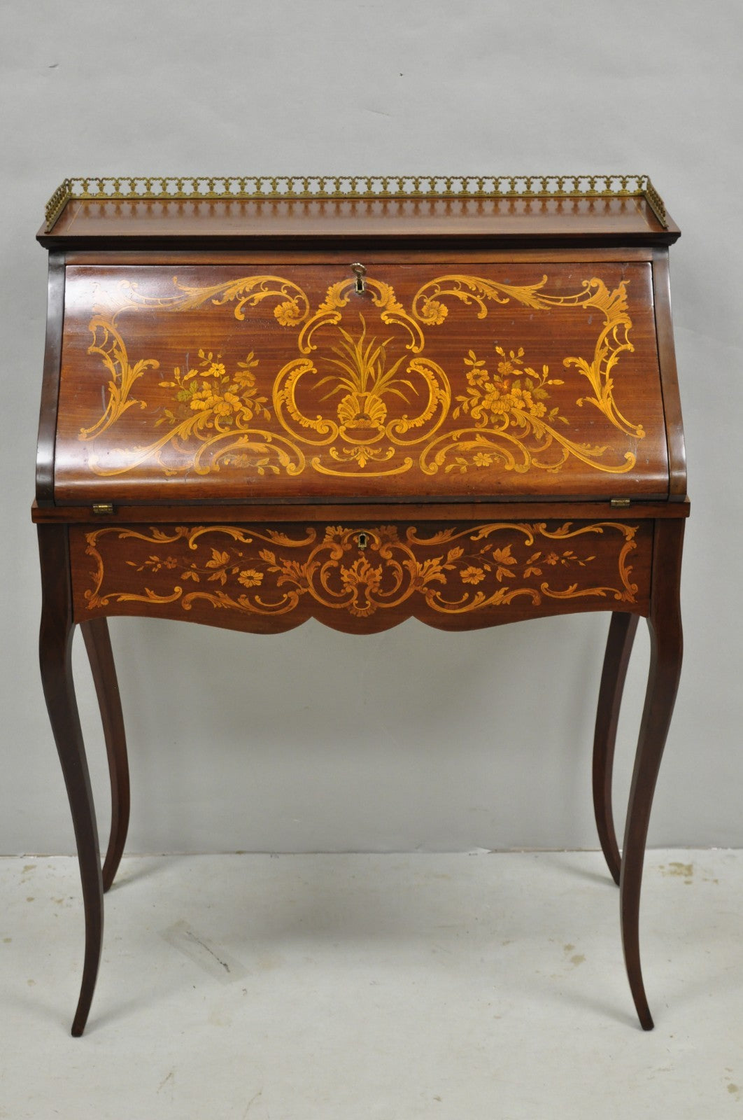 Antique French Louis XV Style Marquetry Inlaid Drop Front Ladies Writing Desk
