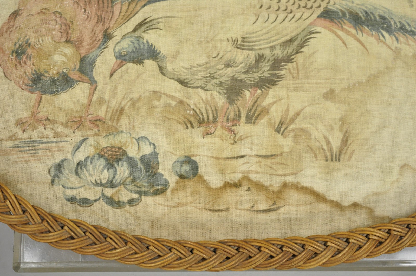 Antique French Victorian Wicker Pheasant Bird Tapestry Oval Bar Serving Tray