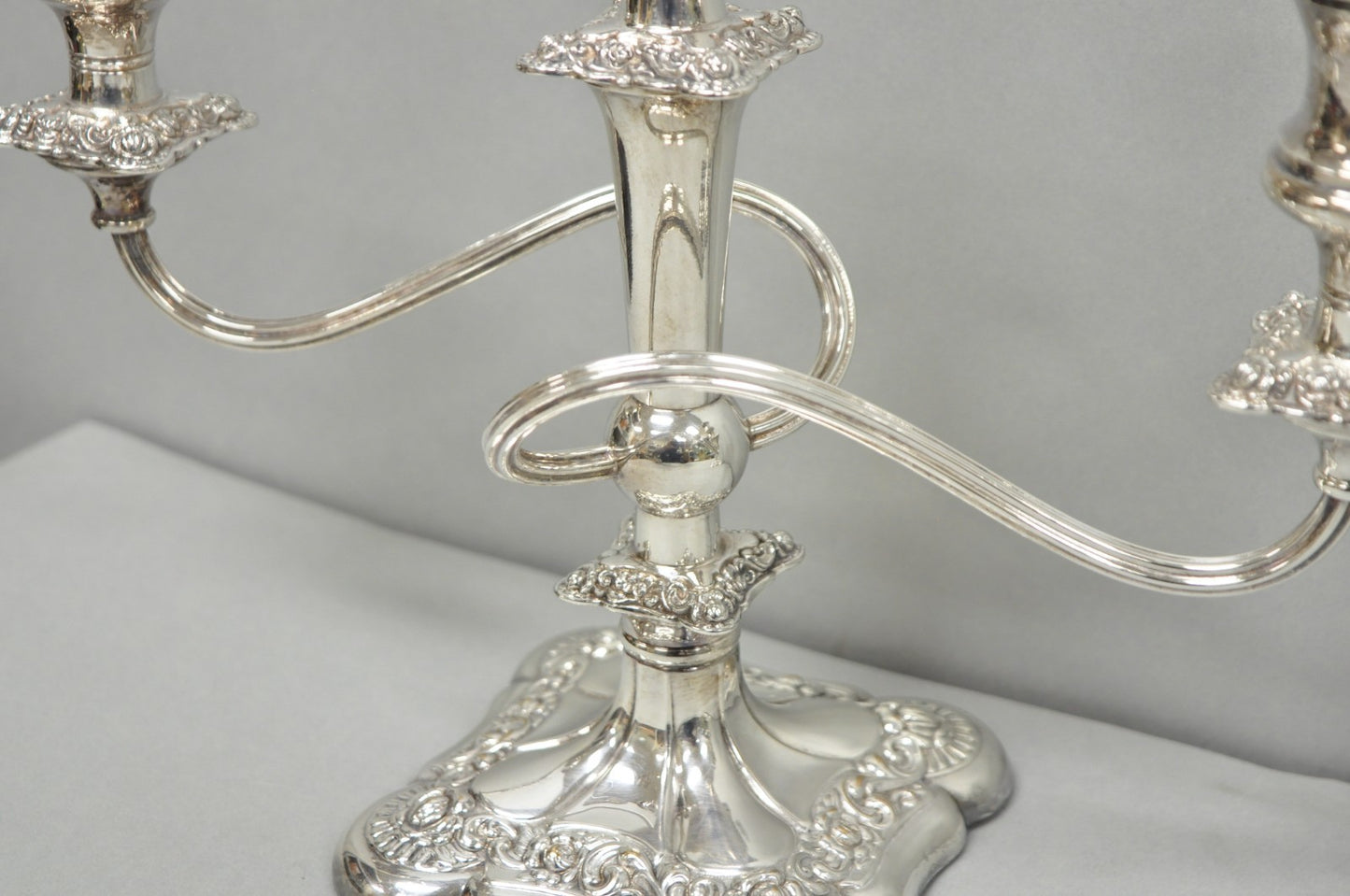 Antique E.G. Webster Victorian Silver Plated Scrolling 3 Arm Candelabra - a Pair