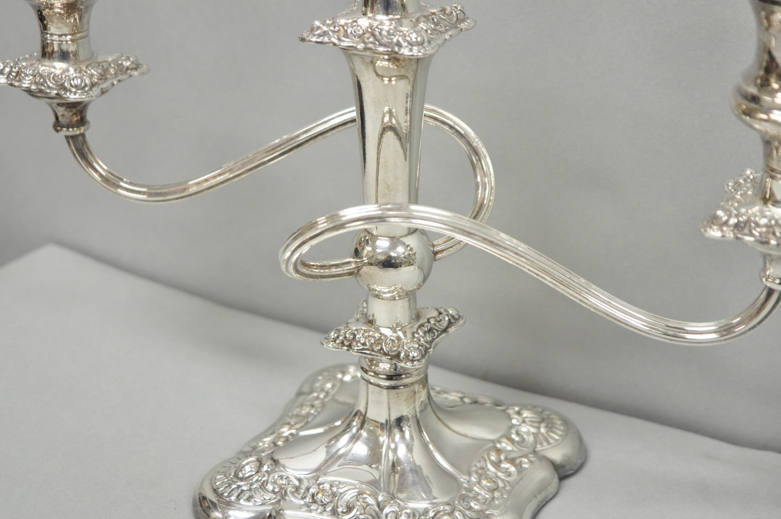 Antique E.G. Webster Victorian Silver Plated Scrolling 3 Arm Candelabra - a Pair