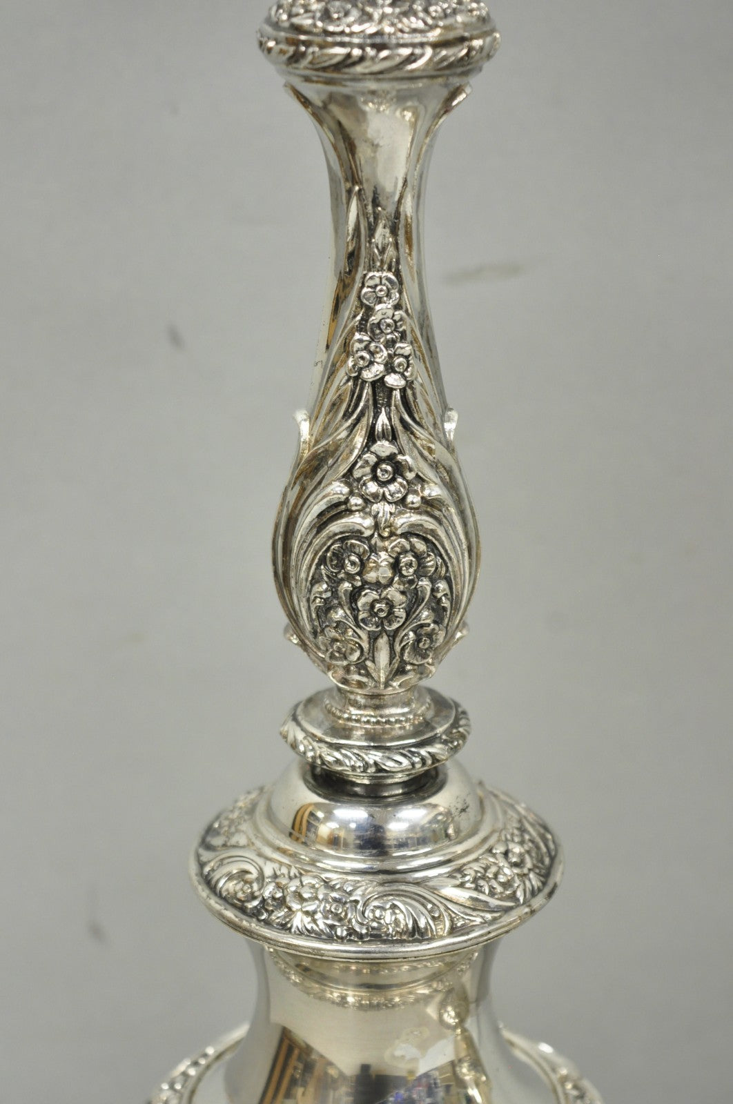 International Victorian Silver Plate Floral Repousse Candlestick Table Lamp Pair