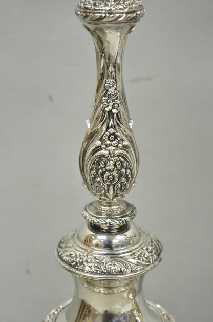 International Victorian Silver Plate Floral Repousse Candlestick Table Lamp Pair
