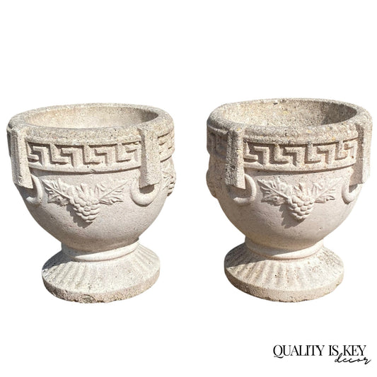 Vintage Greek Classical Style Concrete Greek Key Garden Flower Planter Pot, Pair