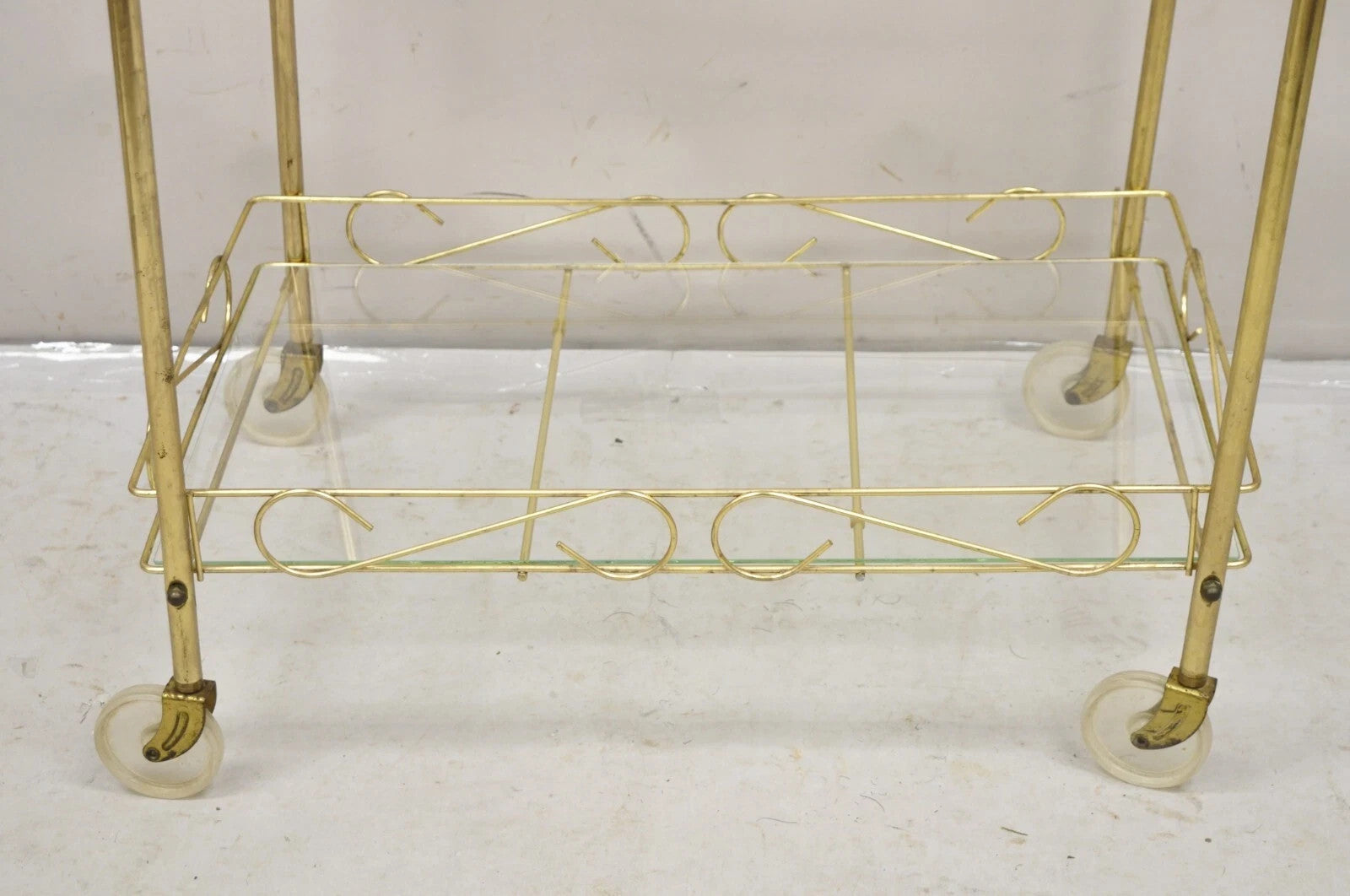 Vintage Mid Century Modern Gold Metal 2 Tier Rolling Bar Tea Cart Server