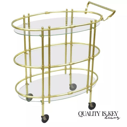 Mid Century Italian Modern Polished Brass & Glass Three Tier Oval Bar Tea Cart