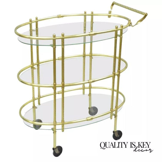 Mid Century Italian Modern Polished Brass & Glass Three Tier Oval Bar Tea Cart