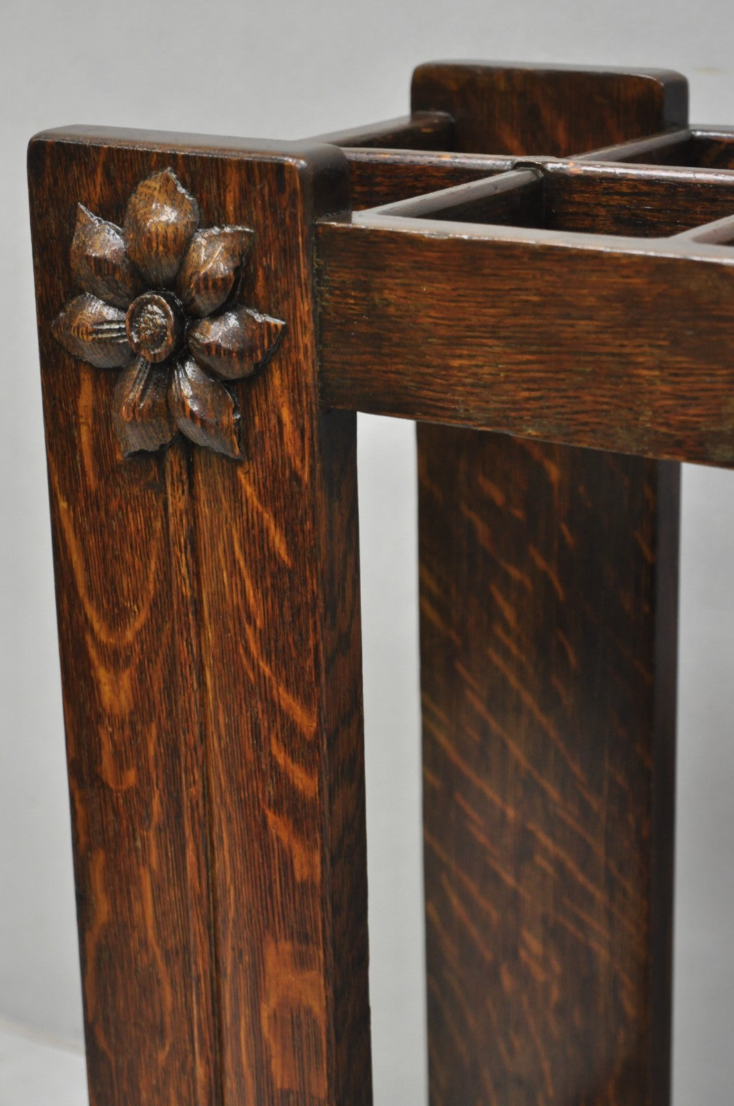 Antique Arts & Crafts Oak Wood Relief Carved Flower Umbrella Stand by MI Chair