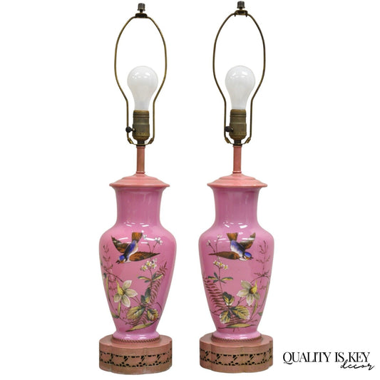 Vintage Chinoiserie Pink Porcelain Japanese Bird Painted Table Lamps - a Pair