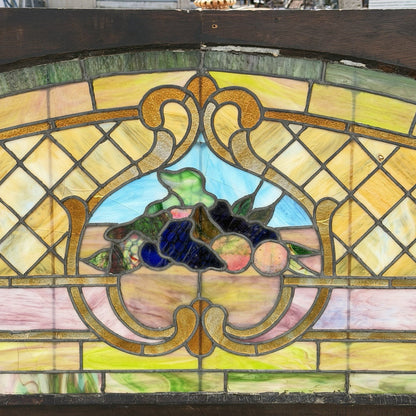 Antique Art Nouveau Colored Stained Glass Fruit 27 x 75 Arched Transom Window, B