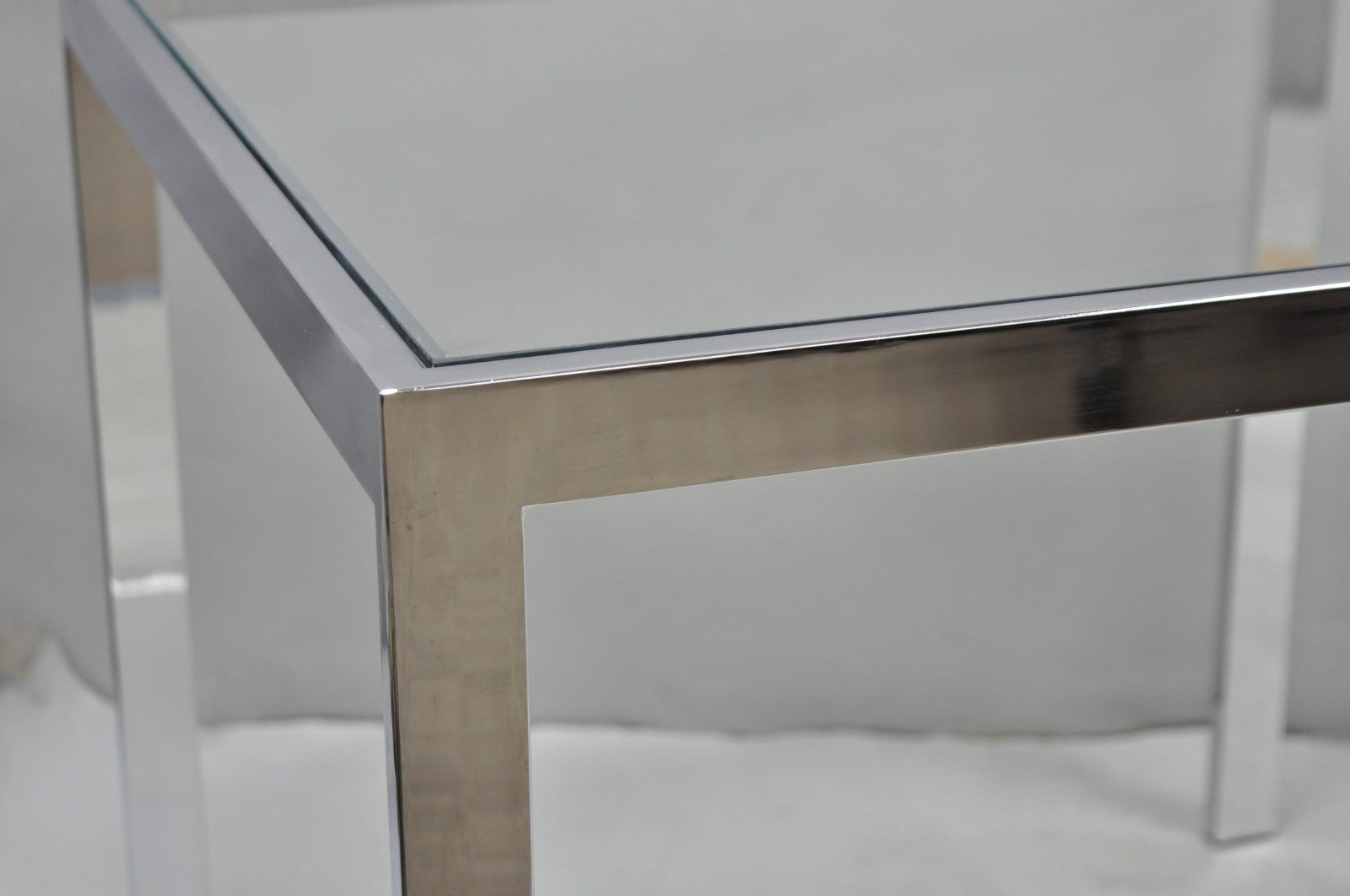 Mid Century Modern Polished Chrome Glass Top Square Occasional Side End Table