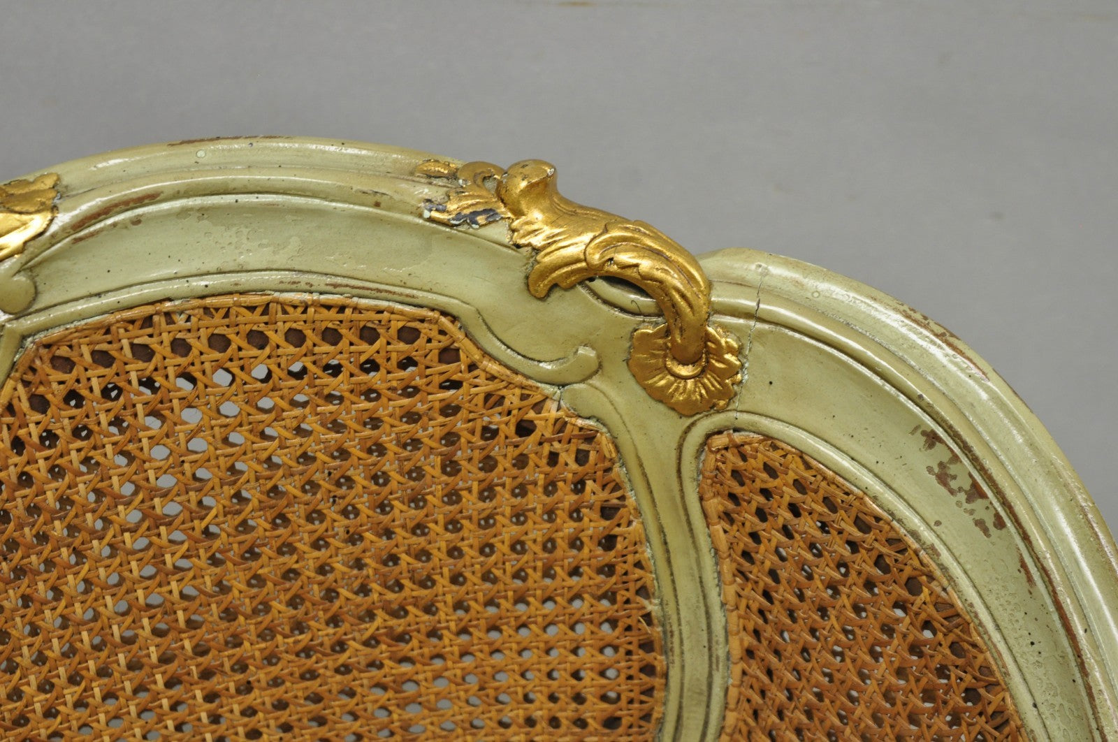Vintage French Louis XV Style Green Painted Gold Gilt Cane Bergere Arm Chair