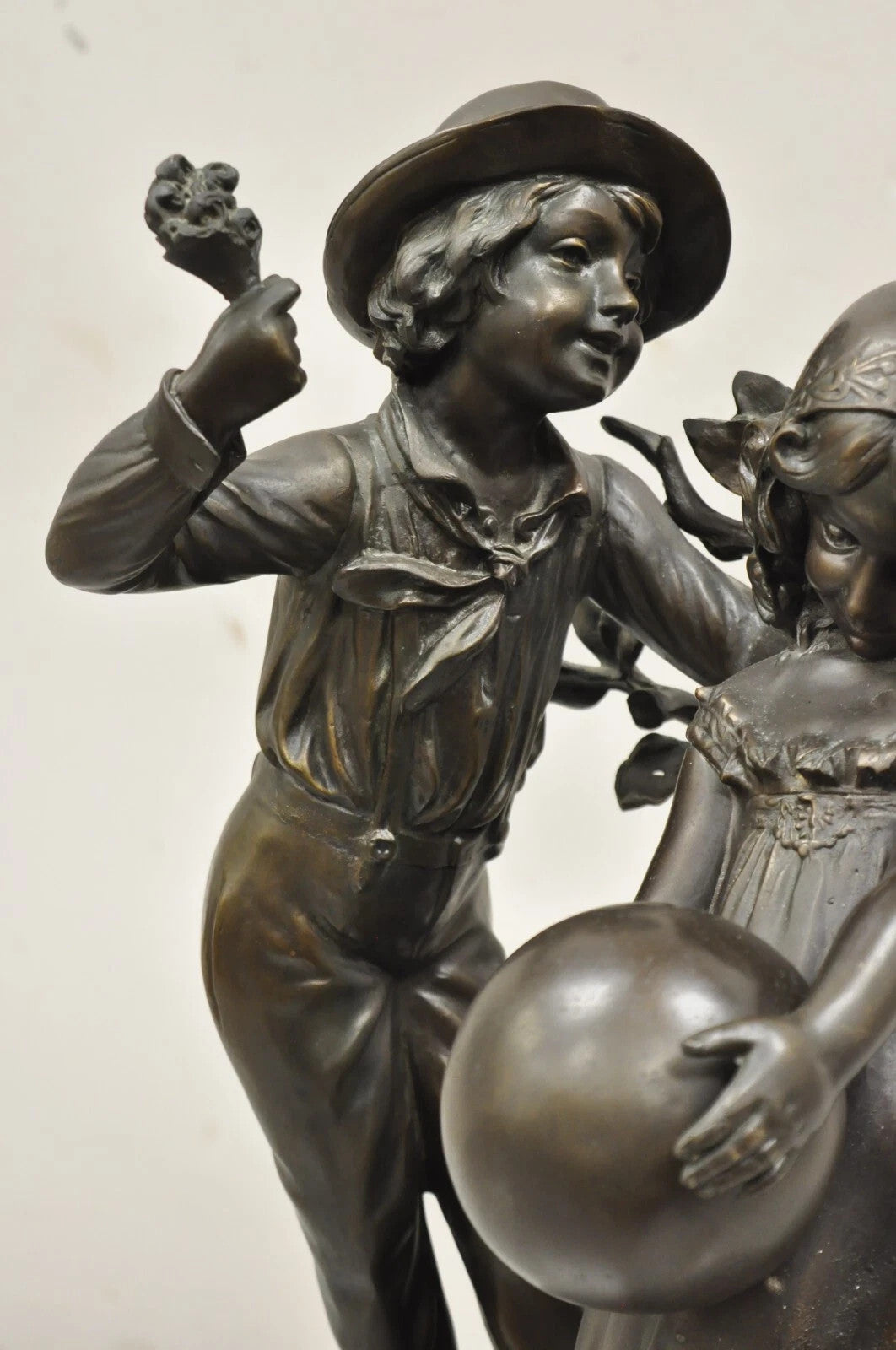 "Enjoue" after Auguste Moreau Victorian Bronze Boy and Girl Statue Sculpture