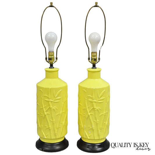 Vintage Hollywood Regency Yellow Ceramic Faux Bamboo Table Lamps - a Pair