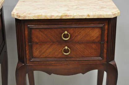 Vintage French Louis XV Style Pink Marble Top Mahogany Nighstand Table - a Pair