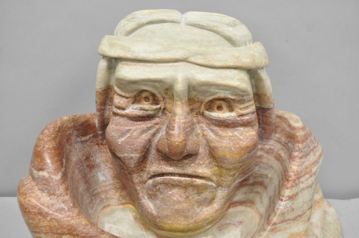 Vintage Seymour Shuren Modern Carved Pink Marble Native American Bust Sculpture
