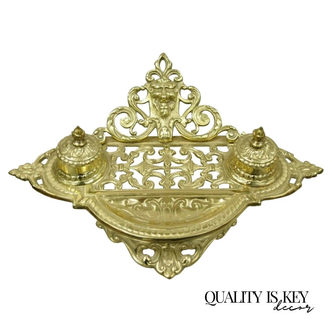 Vintage Renaissance Victorian Style Brass Lion Head Double Pen Desk Inkwell