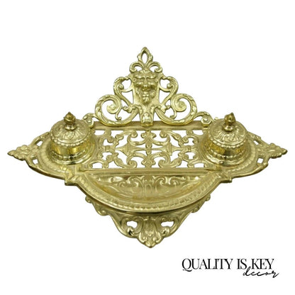 Vintage Renaissance Victorian Style Brass Lion Head Double Pen Desk Inkwell