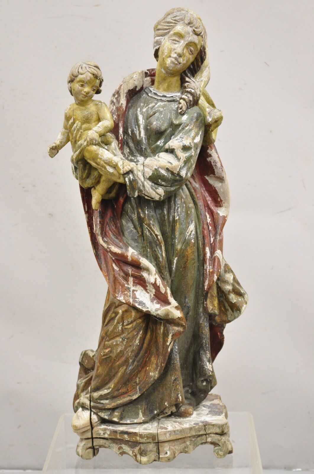 Antique Spanish Latin Polychromed Carved Wood Figure Madonna and Child Statue